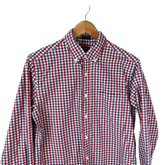J Crew Mens Slim Fit Red Blue Checkered Button Down Shirt Plaid Small Nautical - Picture 3 of 7